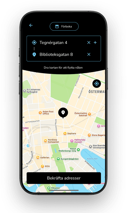 Smartphone displaying a map app with two selected addresses, "Tegnérgatan 4" and "Biblioteksgatan 8," and a confirm button at the bottom.